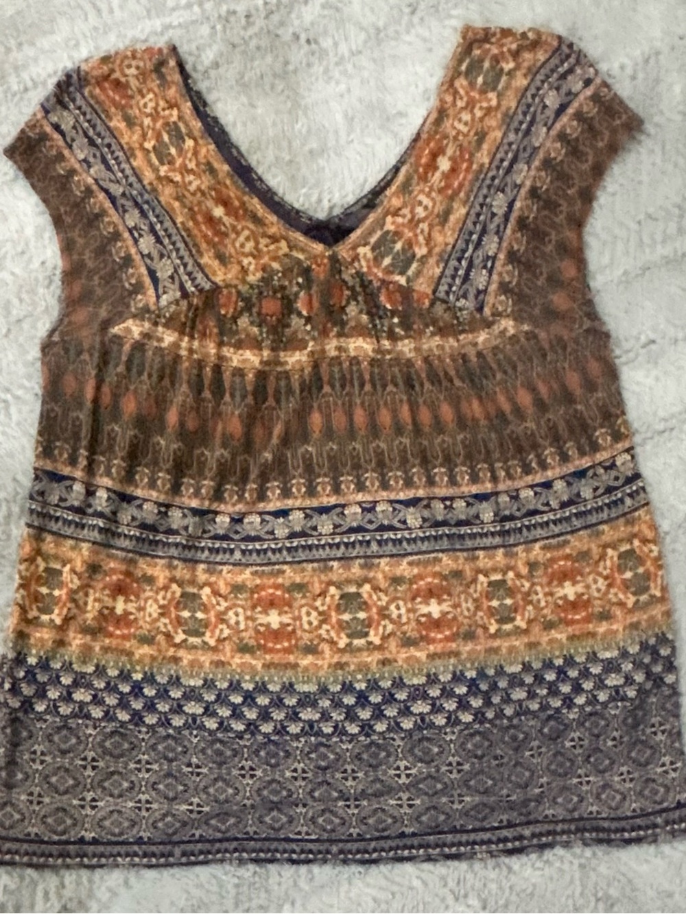 Lucky Brand Multicolor Boho V-Neck Short Sleeve Top - Brown & Blue